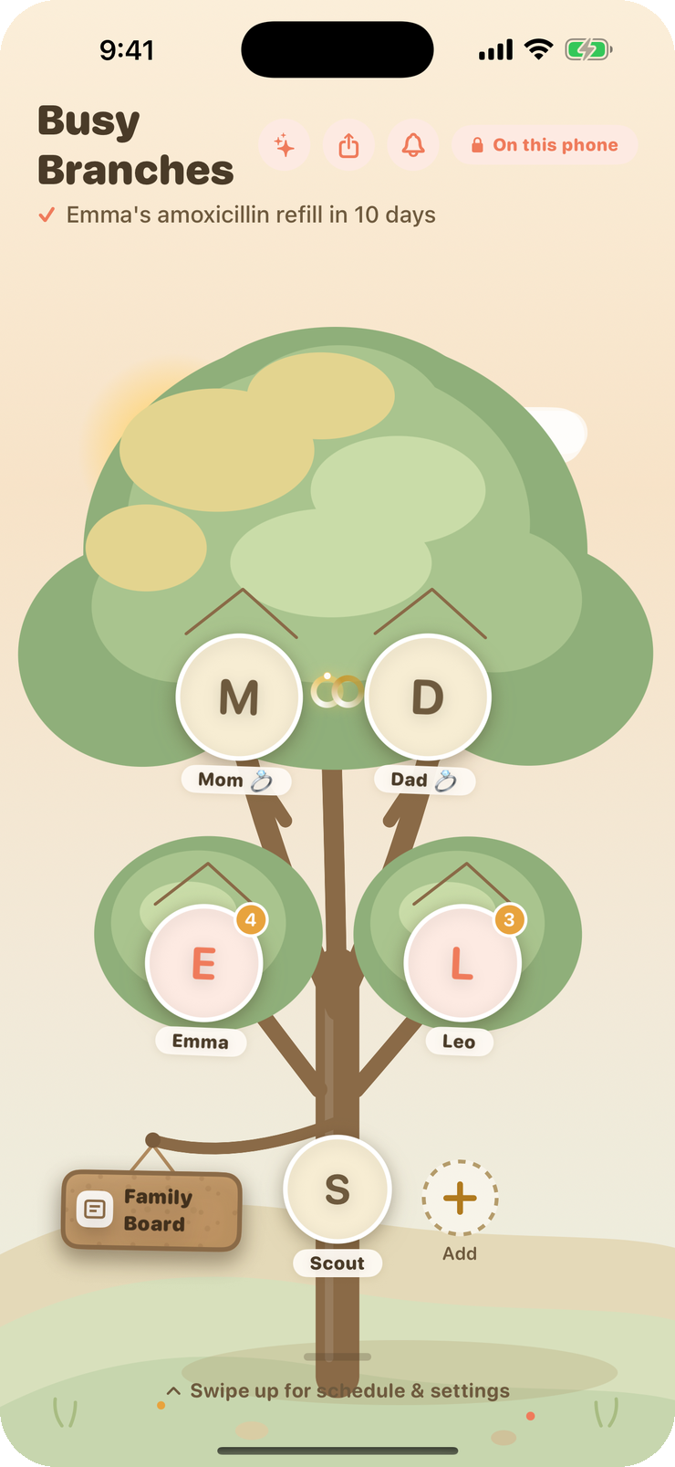 The family tree home screen.