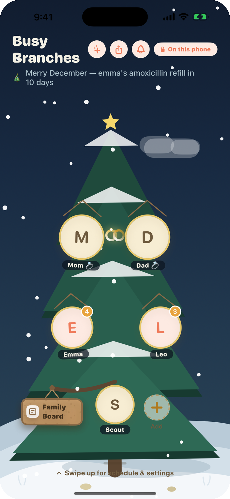 The tree dressed for Christmas.