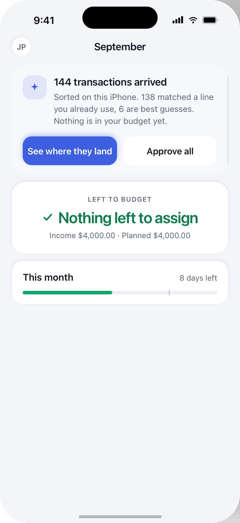 Persue Budget home screen showing left to budget at zero and this month's spending progress.