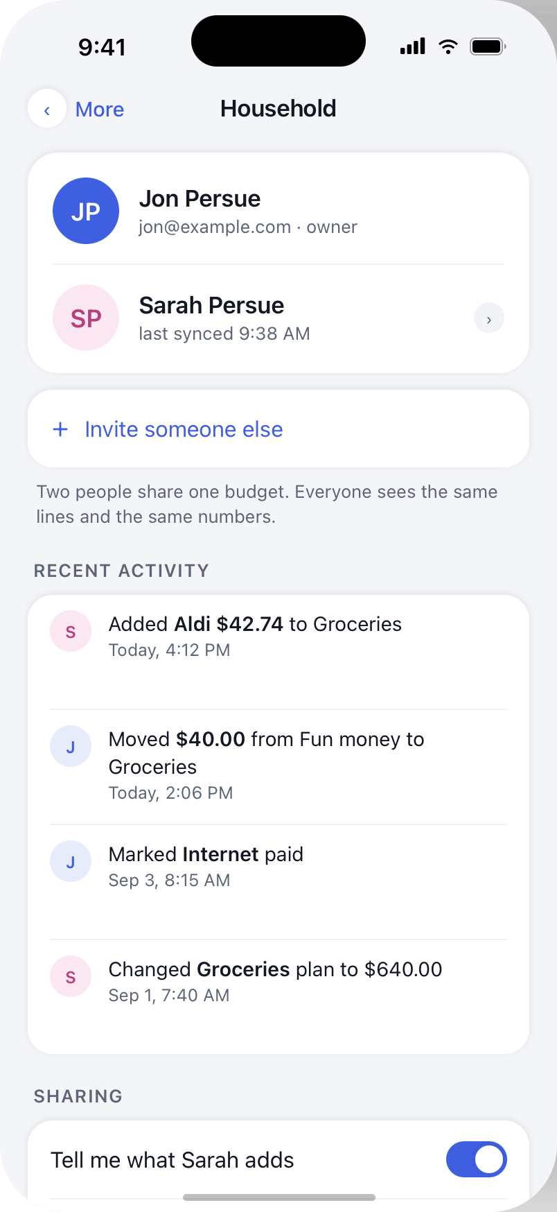 Household screen with two members sharing a budget and a recent activity feed.