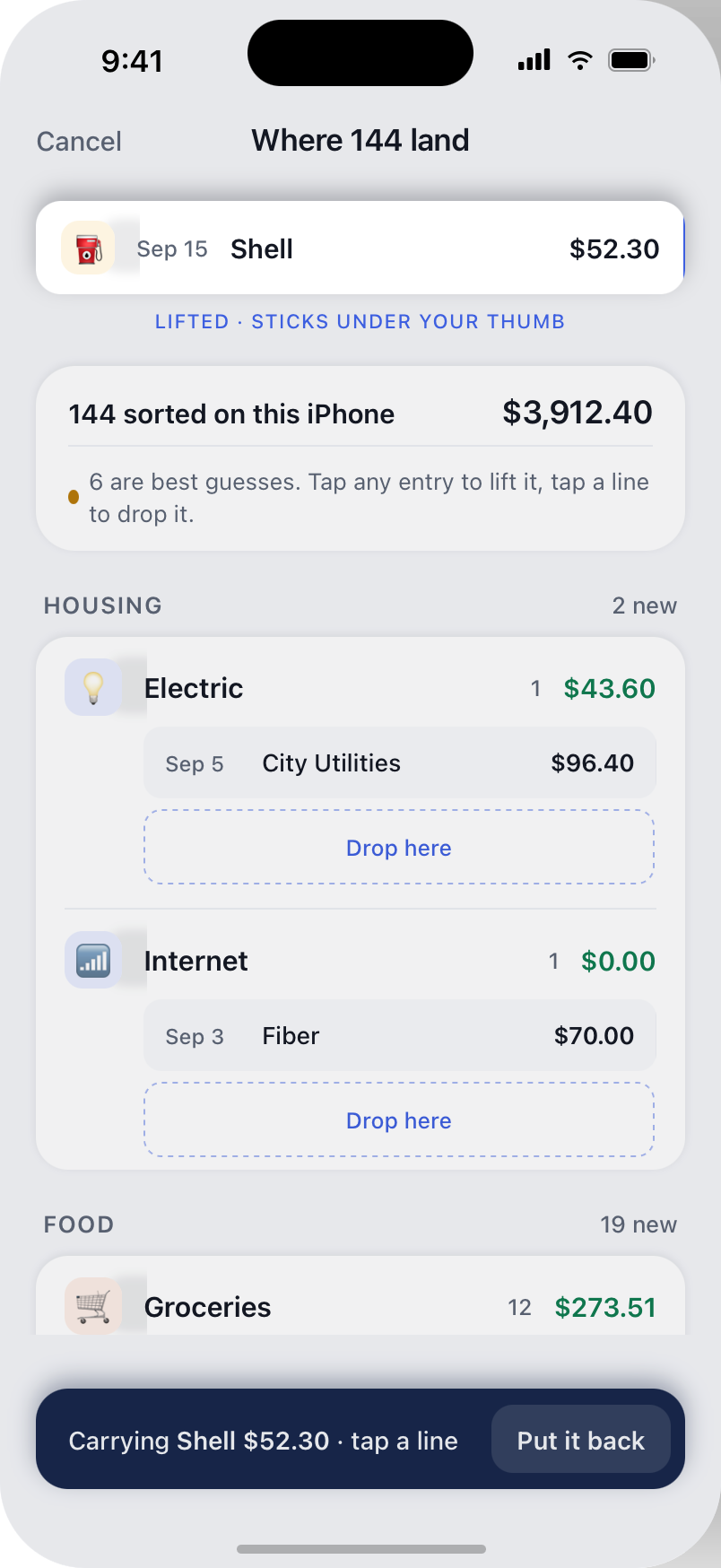 Sort in place screen showing a lifted transaction and drop zones under Electric and Internet.