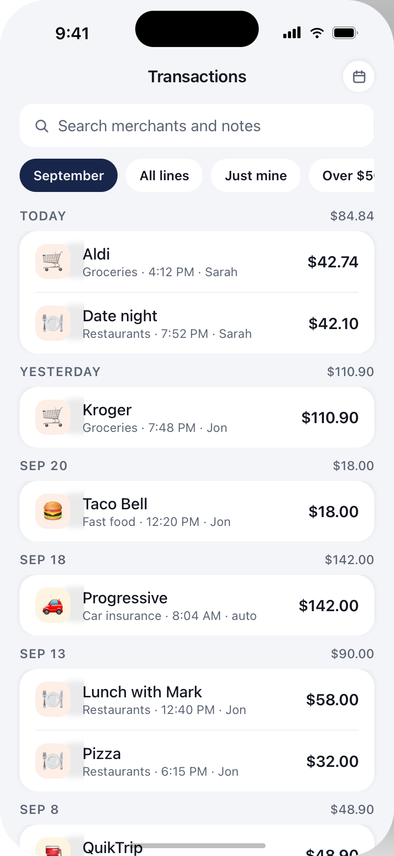 Transactions list with day totals, filter chips, and a search field.